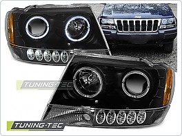 Přední světlomety Jeep Grand Cherokee, 1999-2004, Angel Eyes, černé black + diody LPCH02