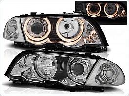 Přední světlomety BMW E46 Sedan Touring, 1998-2001, Angel Eyes, dělené, černé black, s motorky LPBM40
