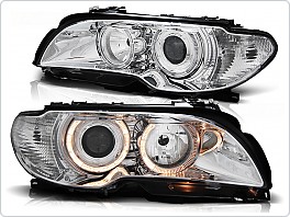 Přední světla BMW E46 Coupe Cabrio, 2003-2006, Angel Eyes, chrom, s motorky LPBM83