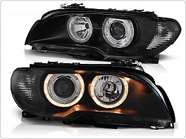 Přední světlomety BMW E46 Coupe Cabrio, 2003-2006, Angel Eyes, černé black, s motorky LPBM84