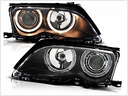 Přední světlomety BMW E46, 2001-2005, Angel Eyes, černé black, s motorky LPBM86