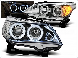 Přední světla BMW E60, E61, 2004-2007, Angel Eyes, chrom s LED blinkrem, s motorky LPBM93