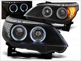 Přední světlomety BMW E60, E61, 2004-2007, Angel Eyes, černé black s LED blinkrem, s motorky LPBM94