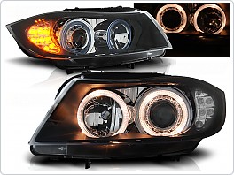 Přední světlomety BMW E90, E91, 2005-2008, Angel Eyes, černé black, s LED blinkrem, LPBM90