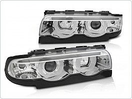 Přední světla BMW E38, 1994-2001, 3D LED angel eyes, chromové
