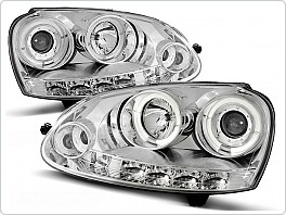 Přední světla Volkswagen Golf 5, 2003-2009, Angel Eyes + LED, chrom LPVWB7