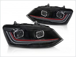 Přední světlomety, světla, lampy Volkswagen Polo 6R 2009-2017, černá/červený pruh, LED, SEQ, DRL