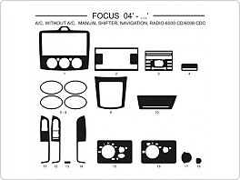 Dekor interiéru Ford Focus, 2004-2007, s i bez klimatizace, manuální řazení, rádio 6000 CD, 6006 CDC, světlý mahagon