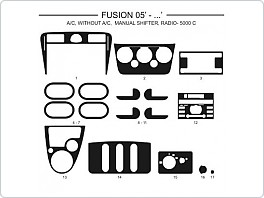 Dekor interiéru Ford Fusion, 2005-, s i bez klimatizace, manuální řazení, rádio 5000 C, světlý mahagon