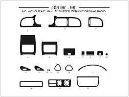 Dekor interiéru Peugeot 406, 1995-1999, s man. klimou i bez klimatizace, manuální řazení, bez originálního rádia, červený