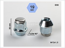 Matice kolová 12x1,5x30 kužel uzavřená z nerezovým víčkem