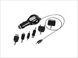 Nabíječka telefonů do auta ROOL-TECH s kabelem 1metr a s 6 adaptéry Nokia, micro-mini USB, Samsung, Sony, IPAD, Iphone