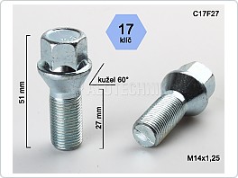 Šroub kolový 14x1,25x27 kužel