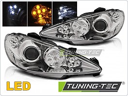 Přední světlomety, světla, lampy Peugeot 206, 2002-2007, Angel Eyes + LED, chrom LPPE50